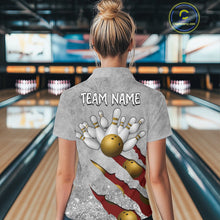 Load image into Gallery viewer, Back view of woman wearing a red grunge scratch bowling polo shirt, custom bowling team jersey design.