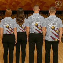 Load image into Gallery viewer, Back view of bowling team wearing matching red bowling league jerseys.