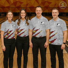 Load image into Gallery viewer, Bowling team wearing matching red grunge scratch custom bowling jerseys front view.