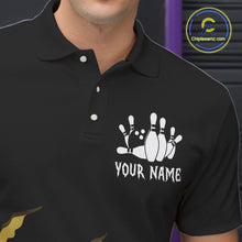 Load image into Gallery viewer, Close up of collar, chest and button details on a yellow black grunge scratch men's bowling polo shirt.