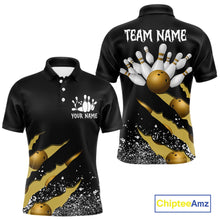 Load image into Gallery viewer, Yellow black grunge scratch custom bowling polo shirt for men, personalized bowling team jersey for league tournaments.