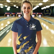 Load image into Gallery viewer, Woman wearing a navy blue and gold grunge scratch bowling polo shirt front view, custom bowling league jersey for women.