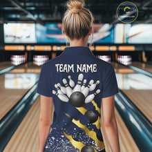 Load image into Gallery viewer, Back view of woman wearing a navy blue and gold grunge scratch bowling polo shirt, custom bowling team jersey design.