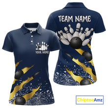 Load image into Gallery viewer, Navy blue and gold grunge scratch custom bowling polo shirt for women, personalized bowling team jersey for league tournaments.