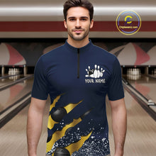 Load image into Gallery viewer, Man wearing a navy blue and gold grunge scratch quarter zip bowling shirt front view, personalized bowling team apparel.