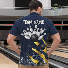 Load image into Gallery viewer, Back view of man wearing a navy blue and gold grunge scratch quarter zip bowling shirt, bowling league team uniform.