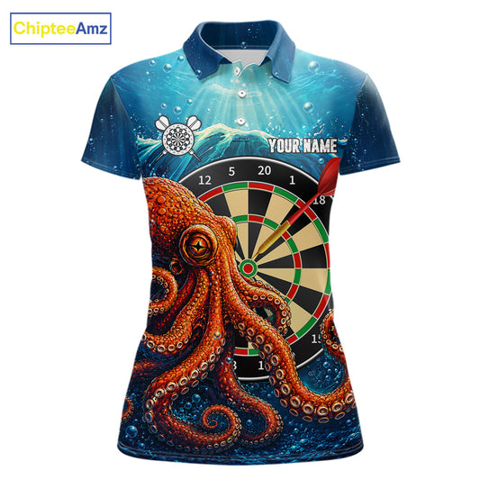 Personalized Blue Funny Ocean Octopus Darts Polo Shirt Featuring a Playful Ocean Theme for Dart League Players, Team Competition, Tournament Events, and Unique Darts Gift Ideas