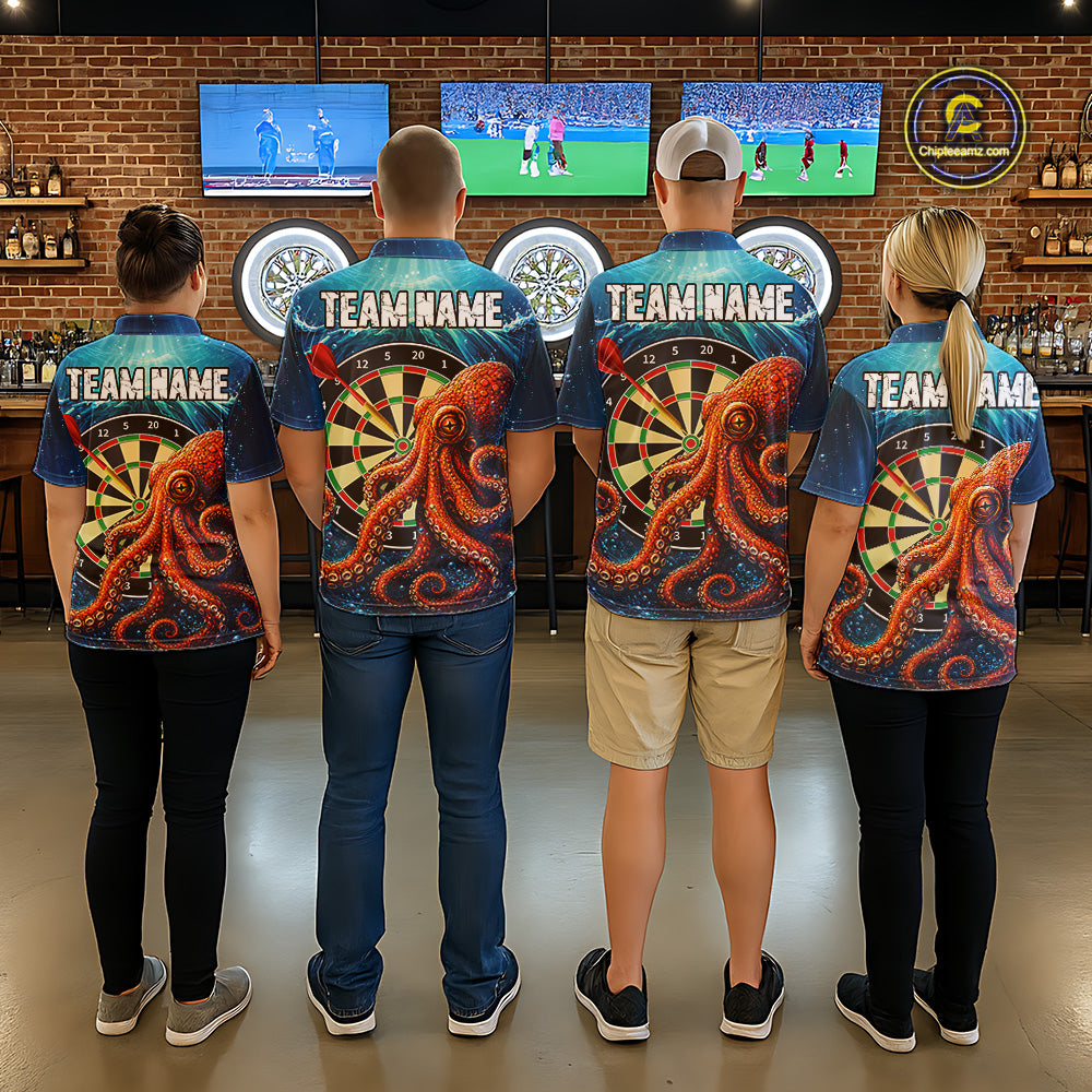 Dart Team Wearing Personalized Blue Funny Ocean Octopus Custom Darts Team Jerseys Featuring the Complete Back Artwork, Back View