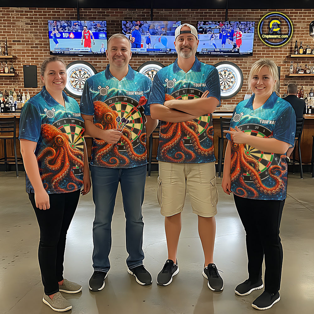 Dart Team Wearing Personalized Blue Funny Ocean Octopus Darts Jerseys During League Competition and Tournament Matches, Front View