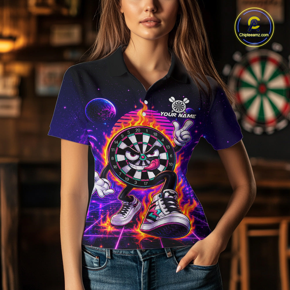 Woman Wearing Personalized Funny Flame Dartboard Neon Darts Polo Shirt with Athletic Performance Fit and Bright Neon Graphic Artwork, Front View