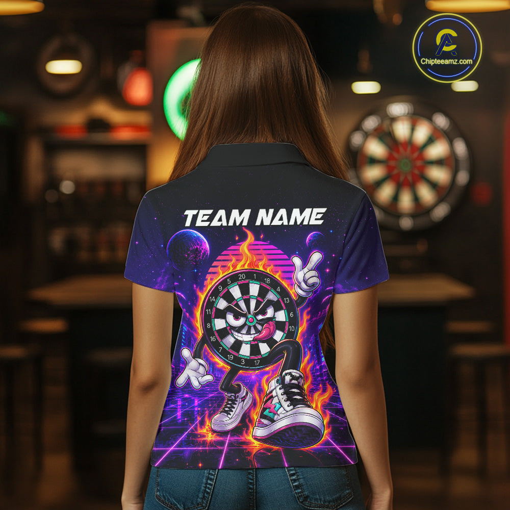 Woman Wearing Personalized Funny Flame Dartboard Neon Custom Darts Team Jersey Featuring the Complete Rear Graphic Design, Back View