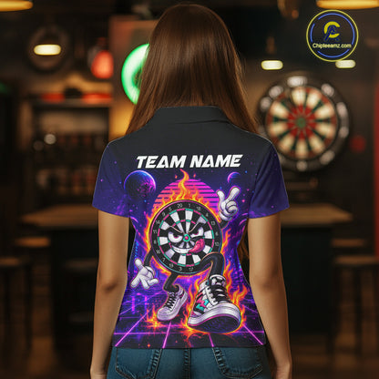 Woman Wearing Personalized Funny Flame Dartboard Neon Custom Darts Team Jersey Featuring the Complete Rear Graphic Design, Back View