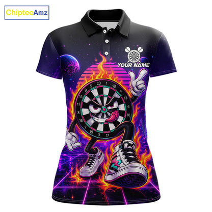 Personalized Funny Flame Dartboard Neon Darts Polo Shirt Featuring a Glowing Dartboard Design for Dart League Players, Team Competition, and Tournament Events