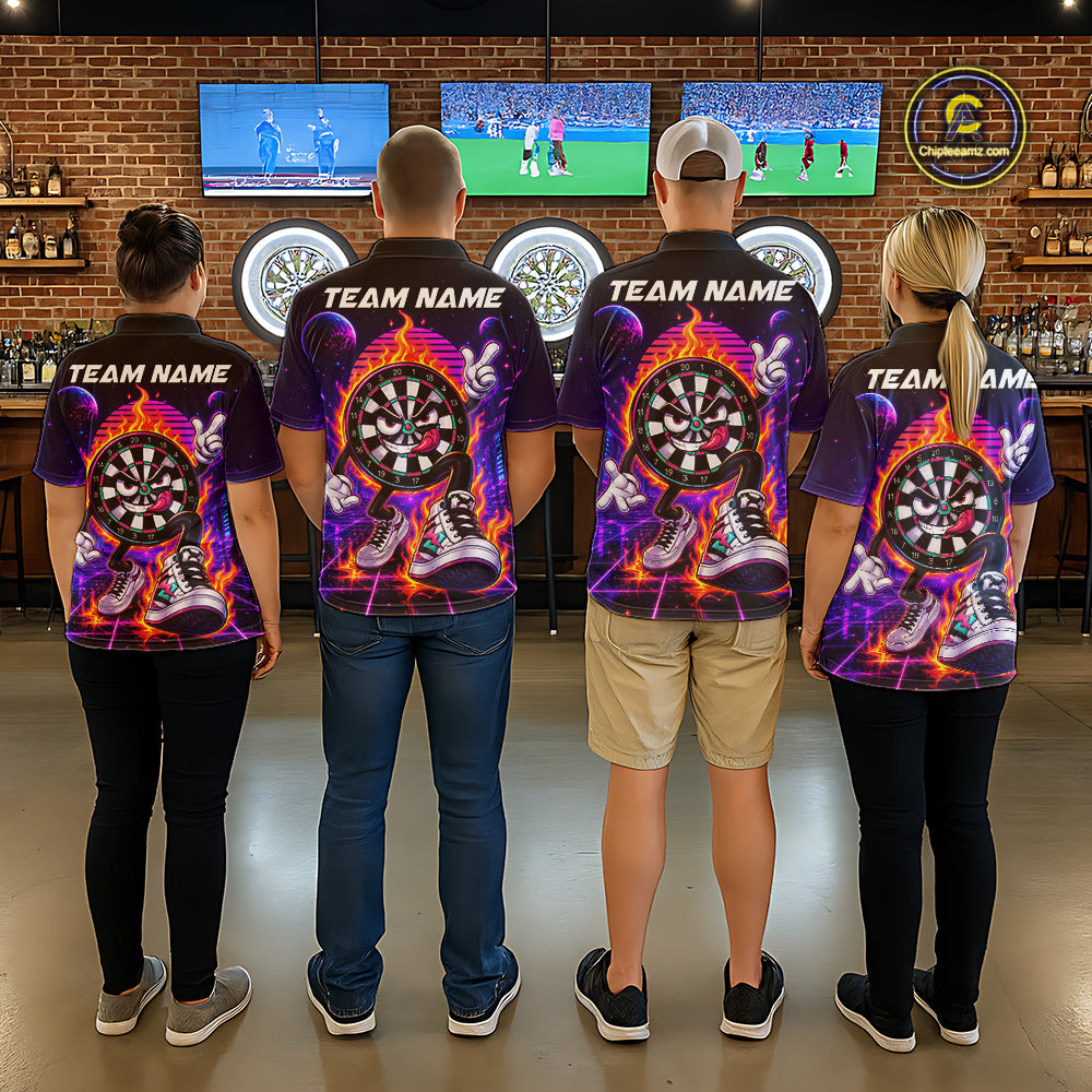 Dart Team Wearing Personalized Funny Flame Dartboard Neon Custom Darts Team Jerseys Featuring the Complete Back Artwork, Back View