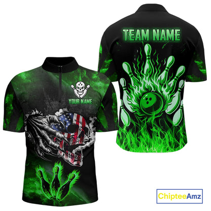 Green Flaming American Flag Skull Bowling Shirt For Men Custom Fire Bowling Team Jersey TDM4656