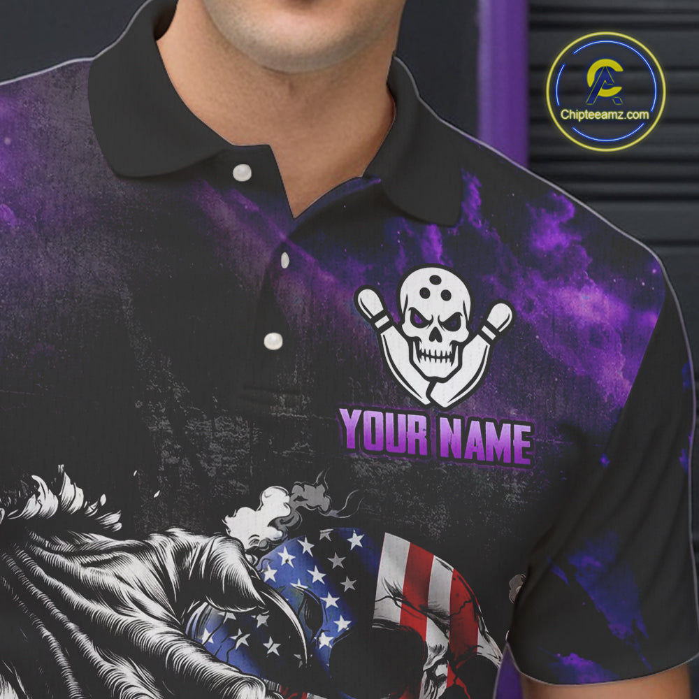 Purple Flaming American Flag Skull Bowling Shirt For Men Custom Fire Bowling Team Jersey TDM4657