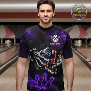 Purple Flaming American Flag Skull Bowling Shirt For Men Custom Fire Bowling Team Jersey TDM4657