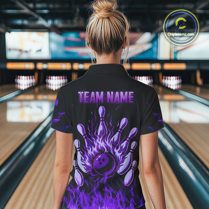 Purple Flaming American Flag Skull Bowling Shirt For Women Custom Fire Bowling Team Jersey TDM4657