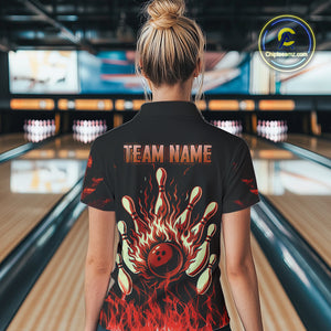 Red Flaming American Flag Skull Bowling Shirt For Women Custom Fire Bowling Team Jersey TDM4658