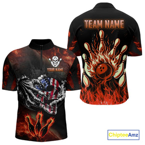 Red Flaming American Flag Skull Bowling Shirt For Men Custom Fire Bowling Team Jersey TDM4658
