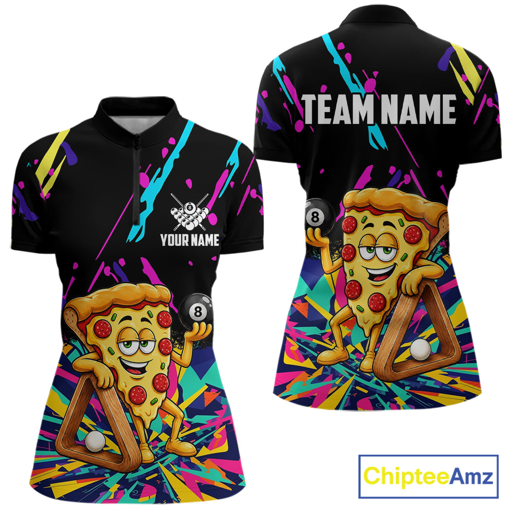 Colorful Billiard Jersey Funny Pizza 8 Ball Billiard Shirts For Women Custom Pool Team Shirts TDM7329