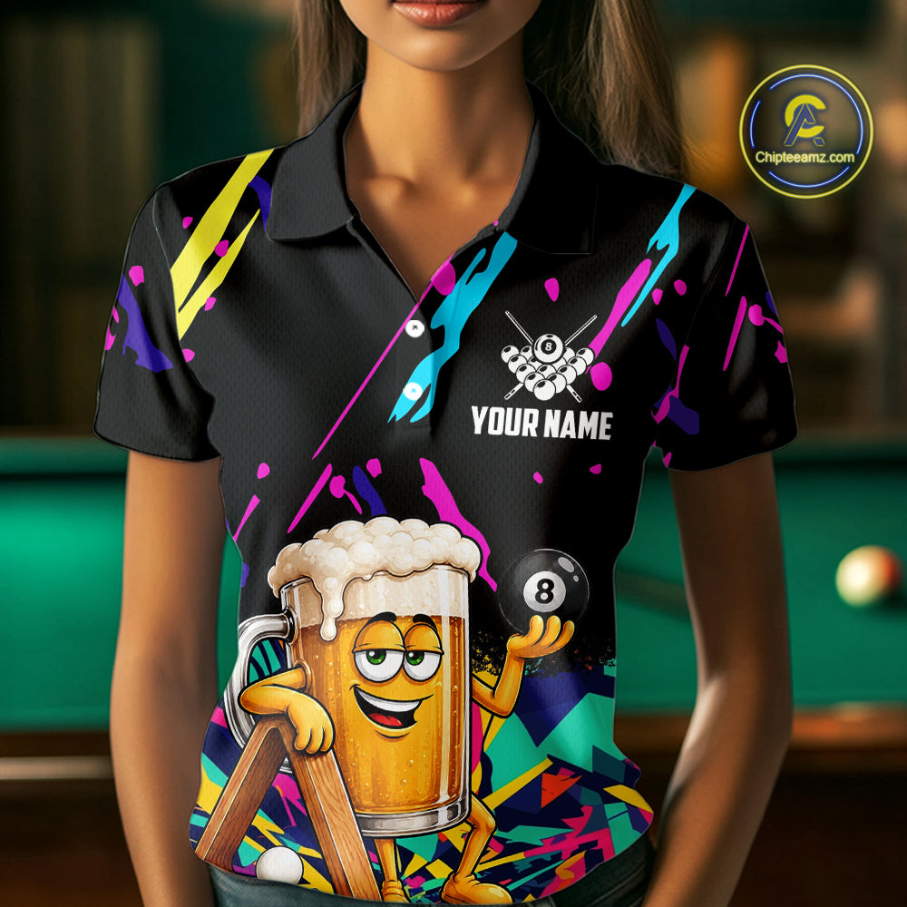 Colorful Billiard Jersey Funny Beer 8 Ball Billiard Shirts For Women Custom Pool Team Shirts TDM7330