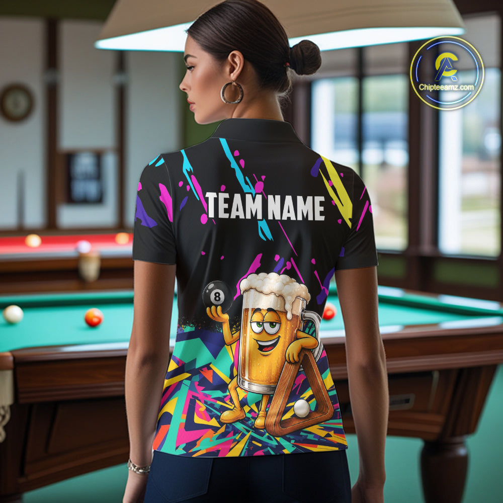Colorful Billiard Jersey Funny Beer 8 Ball Billiard Shirts For Women Custom Pool Team Shirts TDM7330