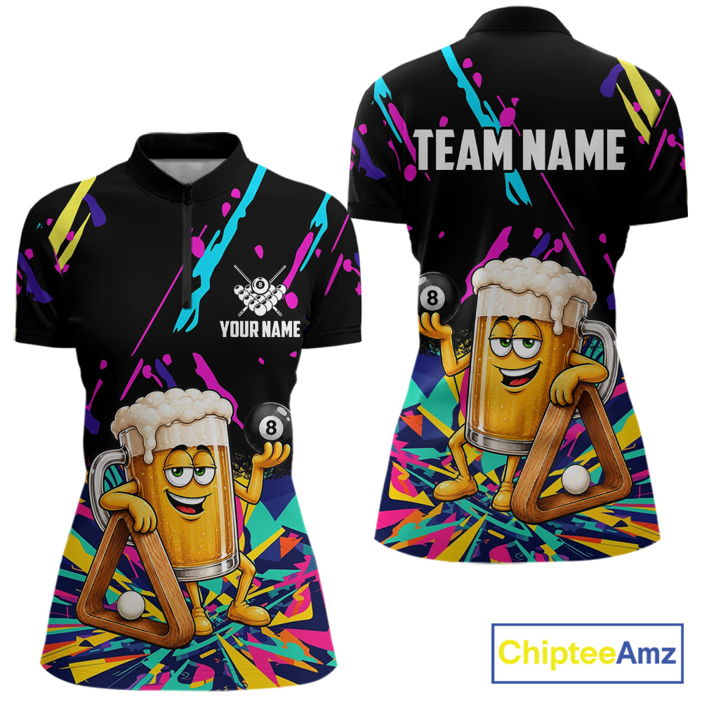 Colorful Billiard Jersey Funny Beer 8 Ball Billiard Shirts For Women Custom Pool Team Shirts TDM7330
