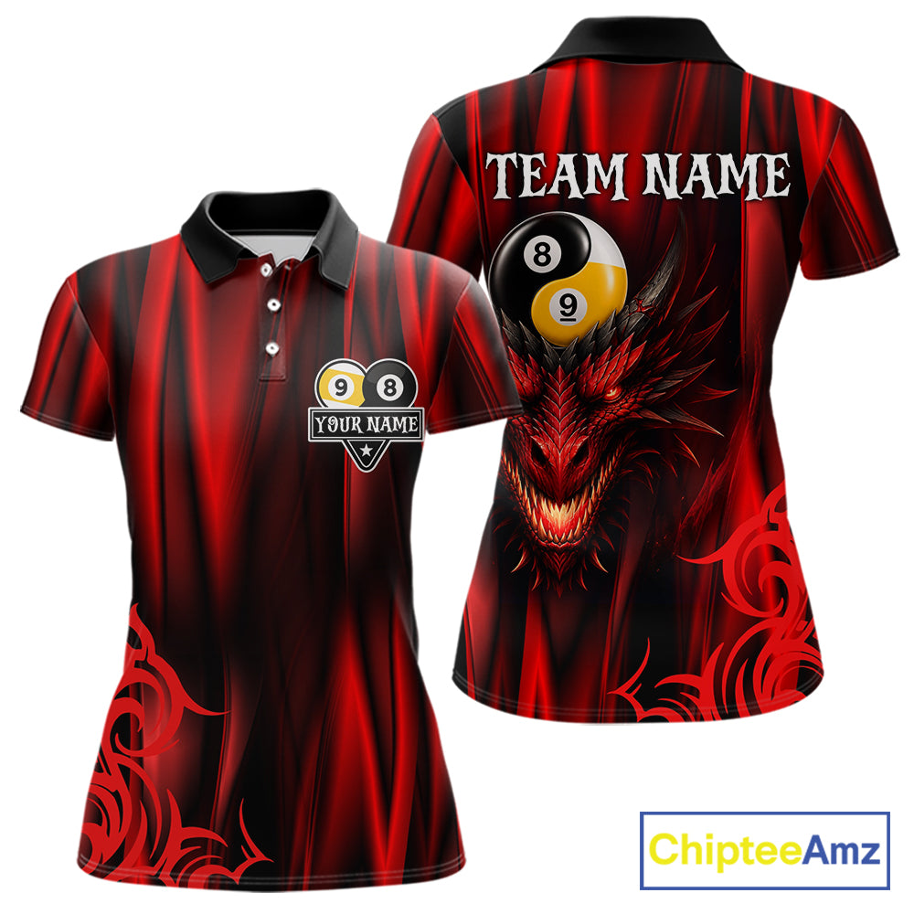 Personalized Red 8 Ball & 9 Ball Yinyang Dragon Billiard Shirts For Women Custom Pool Team Jersey TDM7331