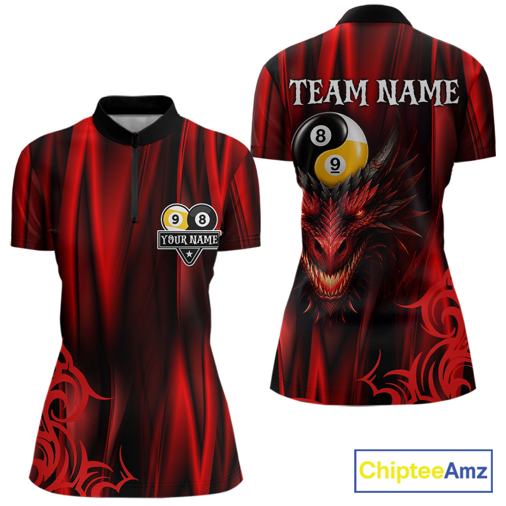 Personalized Red 8 Ball & 9 Ball Yinyang Dragon Billiard Shirts For Women Custom Pool Team Jersey TDM7331