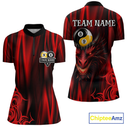 Personalized Red 8 Ball & 9 Ball Yinyang Dragon Billiard Shirts For Women Custom Pool Team Jersey TDM7331