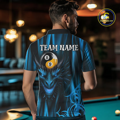 Personalized Blue 8 Ball & 9 Ball Yinyang Dragon Billiard Shirts For Men Custom Pool Team Jersey TDM7332