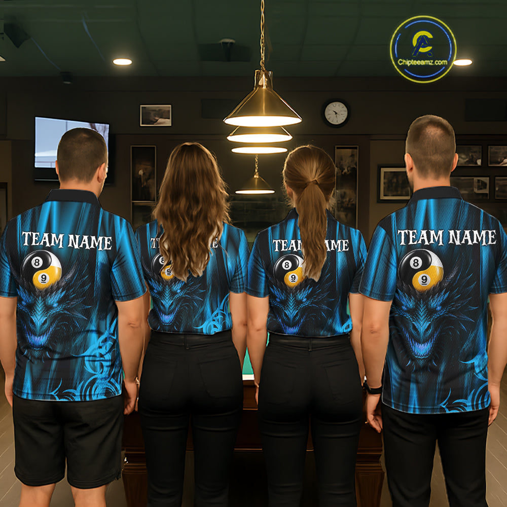 Personalized Blue 8 Ball & 9 Ball Yinyang Dragon Billiard Shirts For Men Custom Pool Team Jersey TDM7332