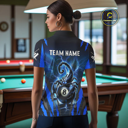 Personalized Thunder Lightning Scorpion Billiard Shirt For Women, 8 Ball Billiard Team Jerseys |Blue TDM4867