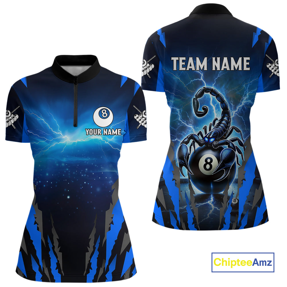 Personalized Thunder Lightning Scorpion Billiard Shirt For Women, 8 Ball Billiard Team Jerseys |Blue TDM4867