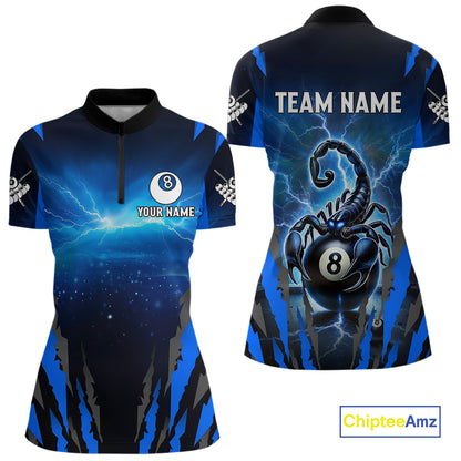 Personalized Thunder Lightning Scorpion Billiard Shirt For Women, 8 Ball Billiard Team Jerseys |Blue TDM4867