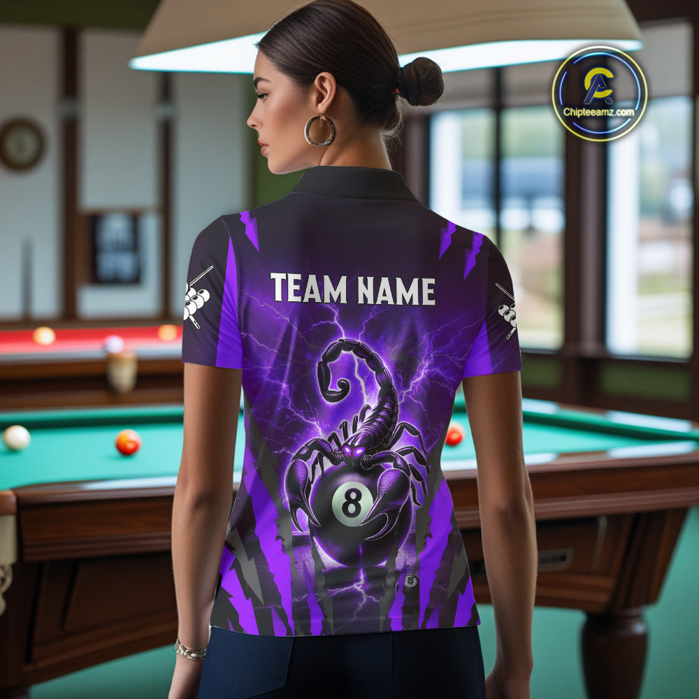 Personalized Thunder Lightning Scorpion Billiard Shirt For Women, 8 Ball Billiard Team Jersey|Purple TDM4868