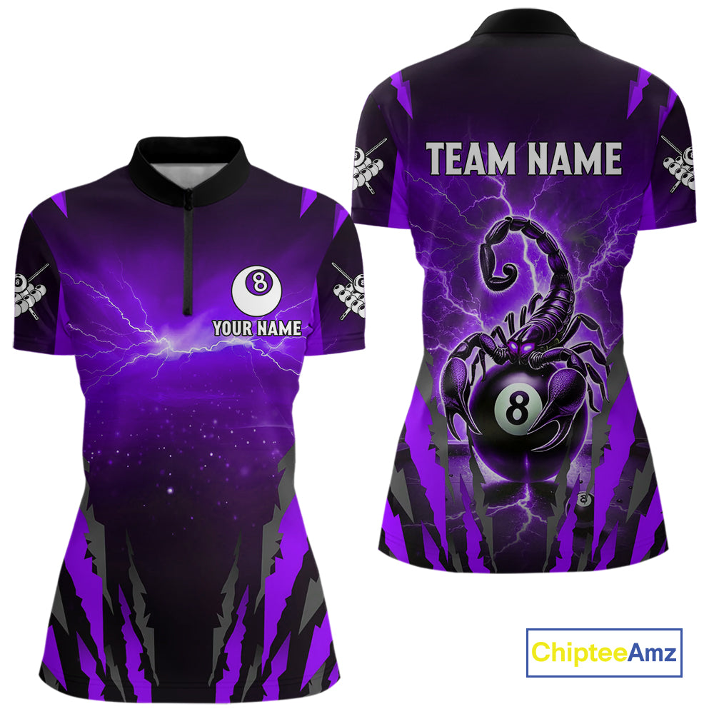 Personalized Thunder Lightning Scorpion Billiard Shirt For Women, 8 Ball Billiard Team Jersey|Purple TDM4868