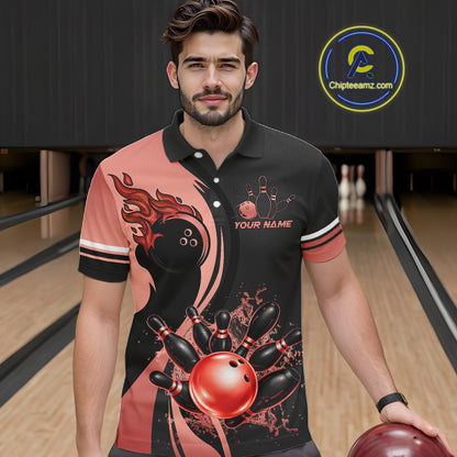 Custom Black And Red Splatter Bowling Shirt For Men, Bowling League Team Jersey Polo & 1/4 Zip TDM7653
