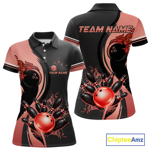 Custom Black And Red Splatter Bowling Shirt For Women, Bowling League Team Jersey Polo & 1/4 Zip TDM7653