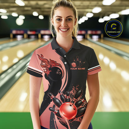 Custom Black And Red Splatter Bowling Shirt For Women, Bowling League Team Jersey Polo & 1/4 Zip TDM7653