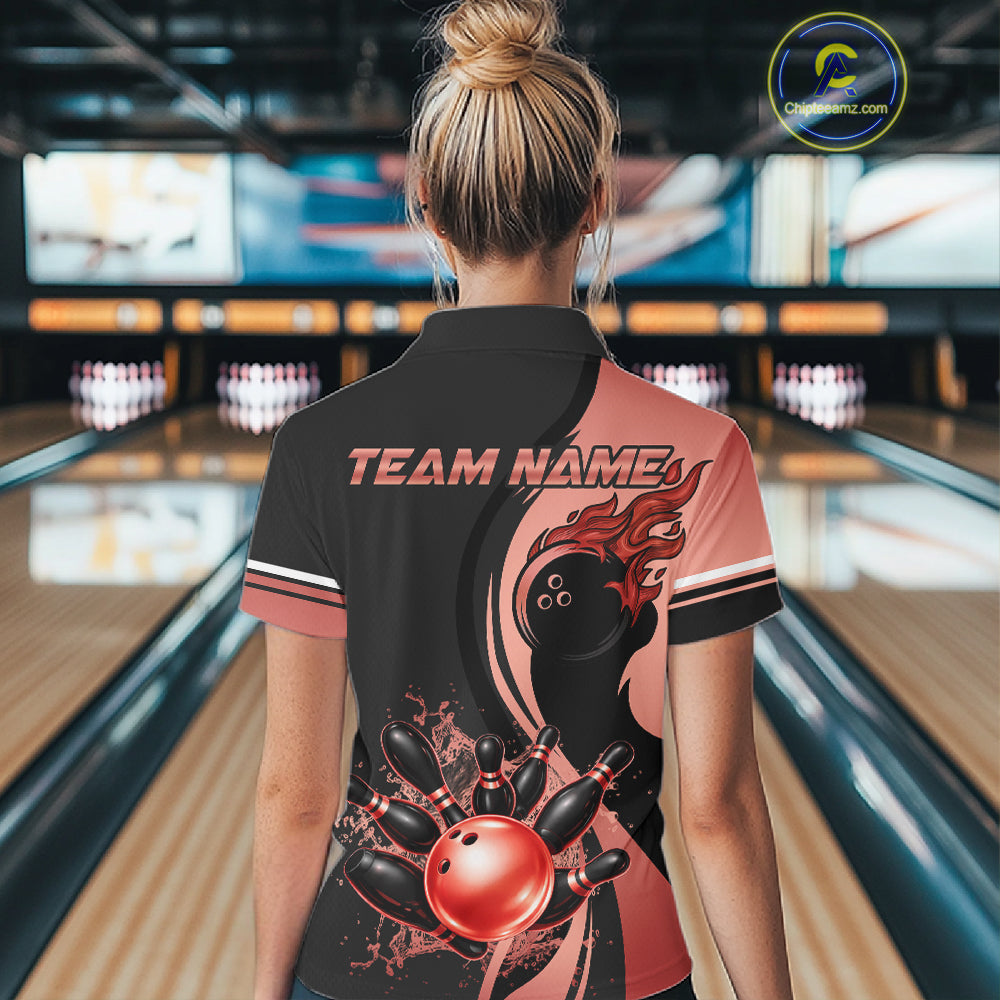 Custom Black And Red Splatter Bowling Shirt For Women, Bowling League Team Jersey Polo & 1/4 Zip TDM7653