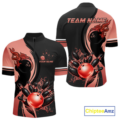 Custom Black And Red Splatter Bowling Shirt For Men, Bowling League Team Jersey Polo & 1/4 Zip TDM7653