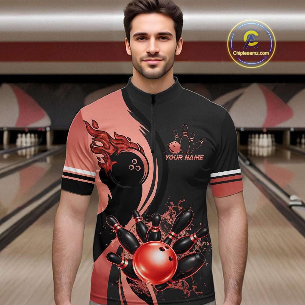 Custom Black And Red Splatter Bowling Shirt For Men, Bowling League Team Jersey Polo & 1/4 Zip TDM7653
