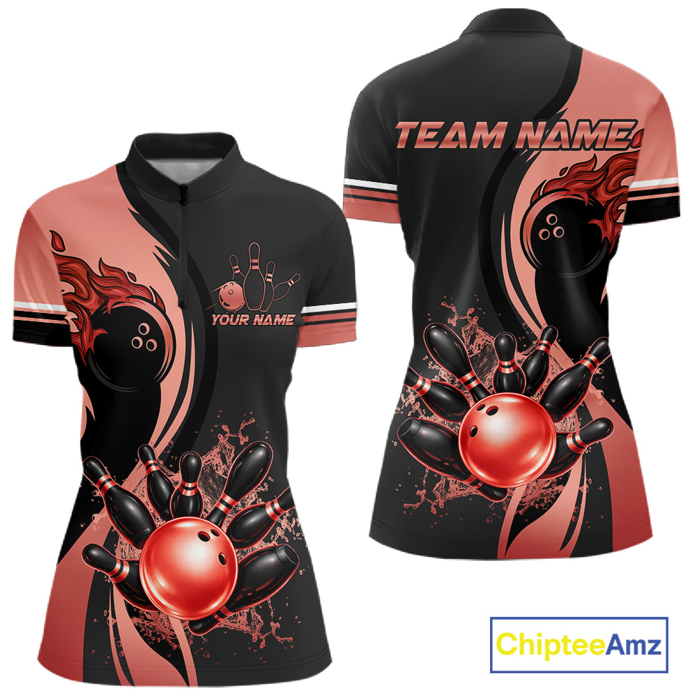 Custom Black And Red Splatter Bowling Shirt For Women, Bowling League Team Jersey Polo & 1/4 Zip TDM7653