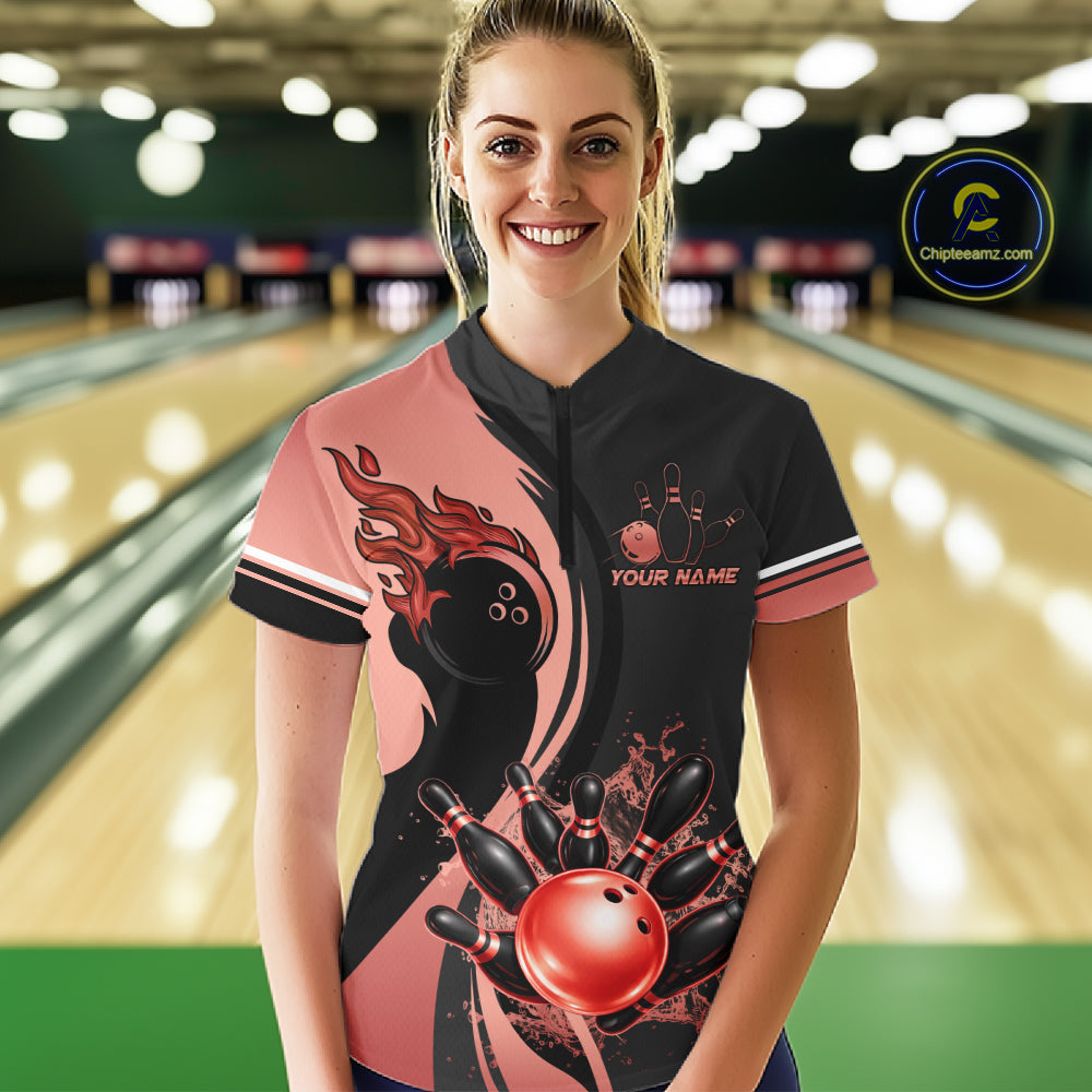 Custom Black And Red Splatter Bowling Shirt For Women, Bowling League Team Jersey Polo & 1/4 Zip TDM7653