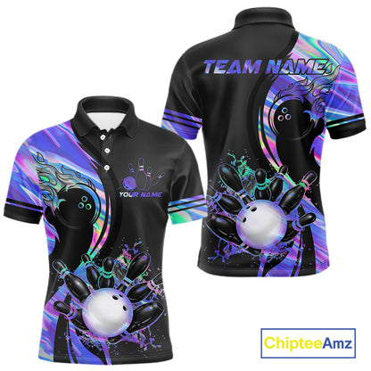 Custom Black And Holographic Splatter Bowling Shirts For Men, Bowling Team Jersey Polo & 1/4 Zip TDM7654