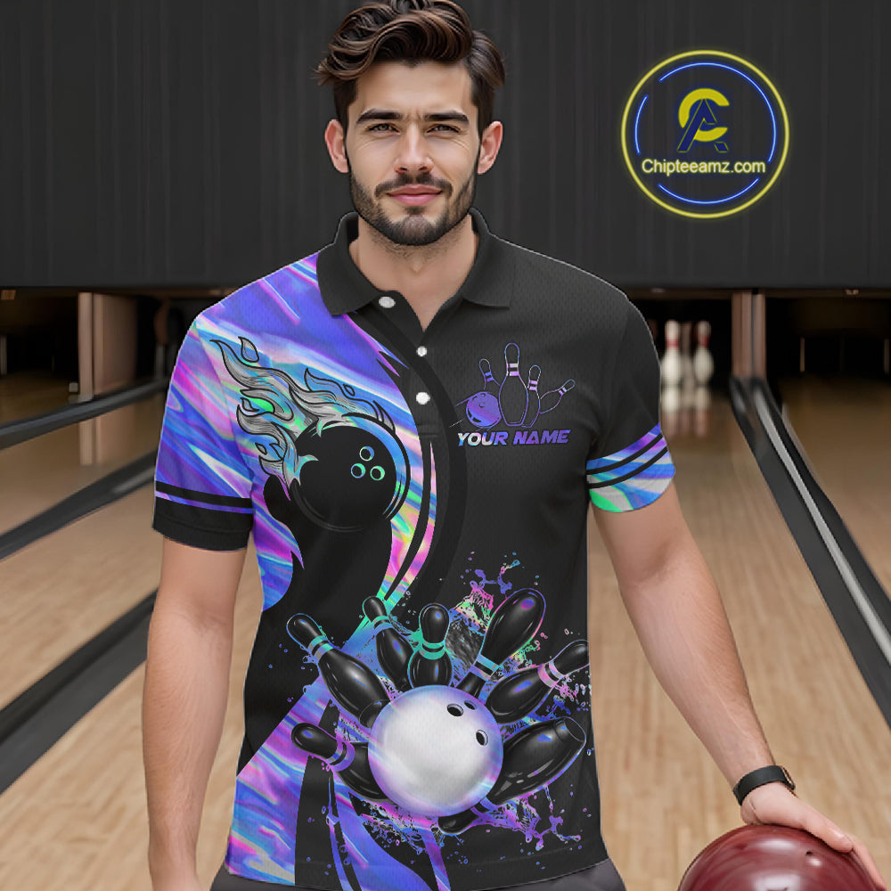 Custom Black And Holographic Splatter Bowling Shirts For Men, Bowling Team Jersey Polo & 1/4 Zip TDM7654