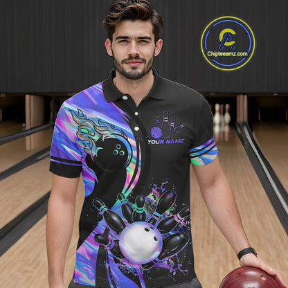 Custom Black And Holographic Splatter Bowling Shirts For Men, Bowling Team Jersey Polo & 1/4 Zip TDM7654
