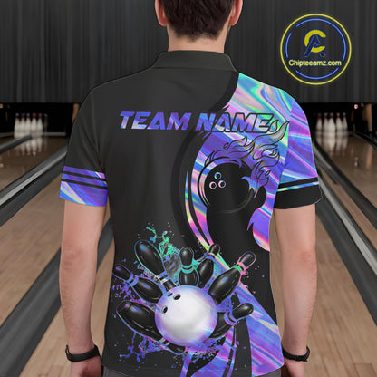 Custom Black And Holographic Splatter Bowling Shirts For Men, Bowling Team Jersey Polo & 1/4 Zip TDM7654